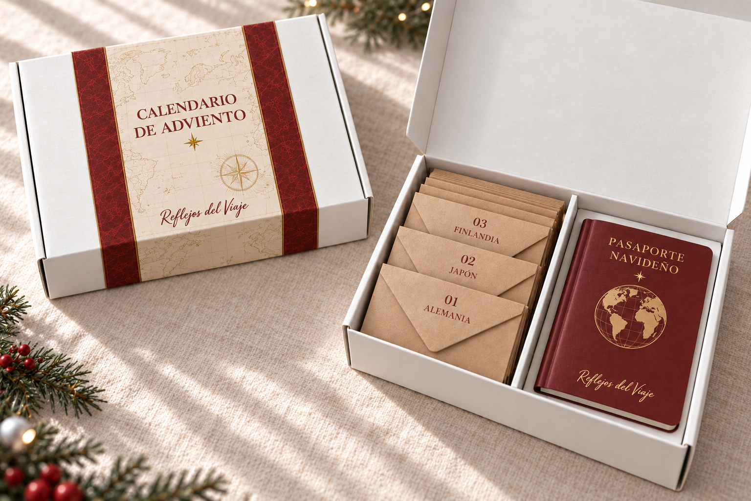 Ilustración del prototipo del calendario de Adviento Reflejos del Viaje, con su caja, sobres y pasaporte navideño